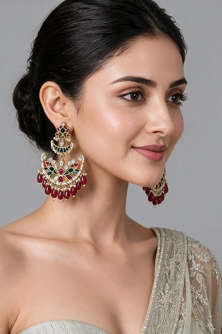 Gold Plated Kundan Polki & Multi-Colored Stone Chandbali Earrings by Vivinia By Vidhi Mehra at Pernia's Pop Up Shop
