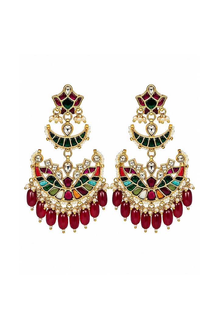Gold Plated Kundan Polki & Multi-Colored Stone Chandbali Earrings by Vivinia By Vidhi Mehra at Pernia's Pop Up Shop