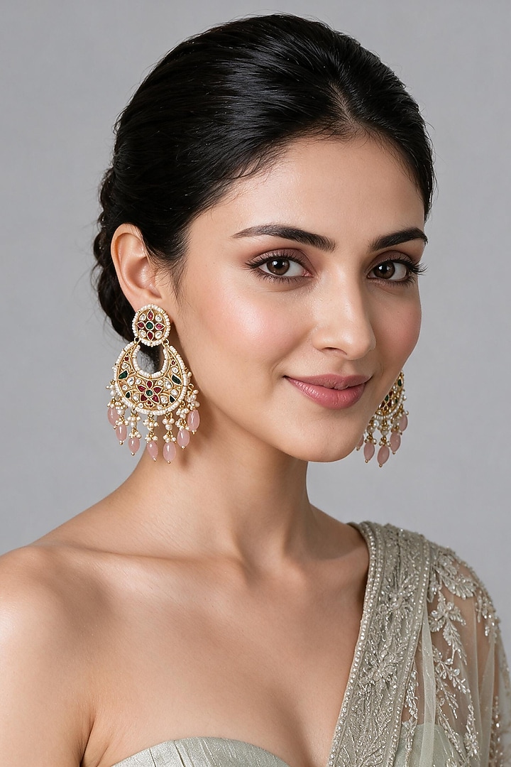 Gold Plated Kundan Polki & Multi-Colored Stone Chandbali Earrings by Vivinia By Vidhi Mehra at Pernia's Pop Up Shop