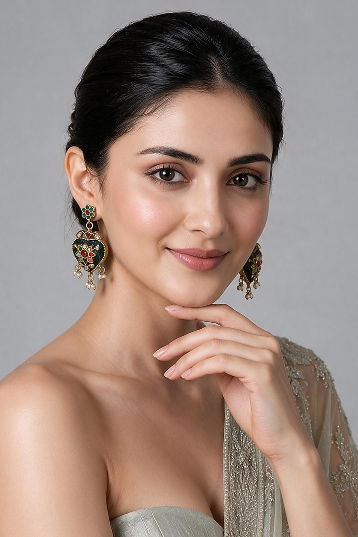 Gold Plated Kundan Polki Green Enameled Statement Earrings by Vivinia By Vidhi Mehra at Pernia's Pop Up Shop