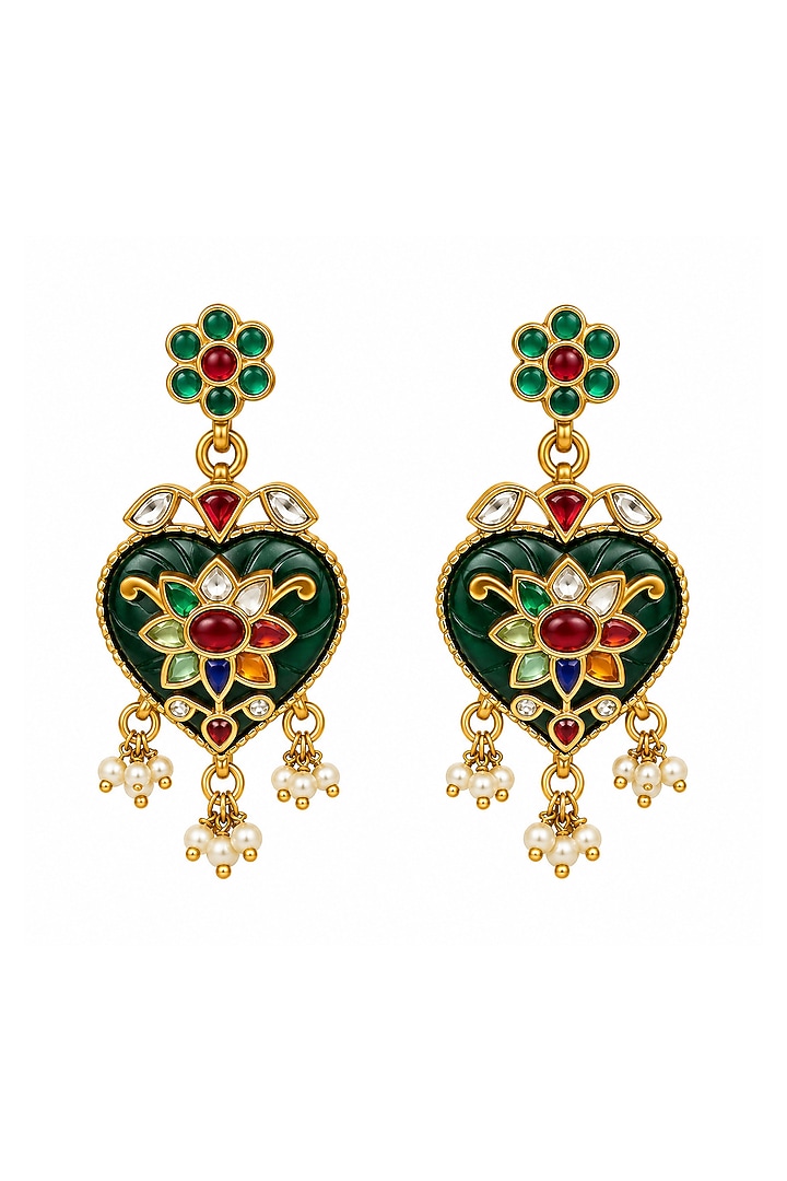 Gold Plated Kundan Polki Green Enameled Statement Earrings by Vivinia By Vidhi Mehra at Pernia's Pop Up Shop