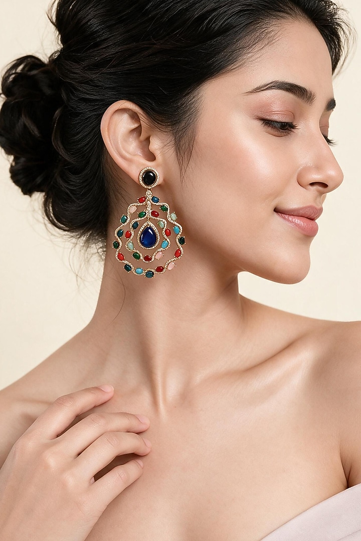 Gold Plated Multi-Colored Stone Statement Earrings by Vivinia By Vidhi Mehra at Pernia's Pop Up Shop