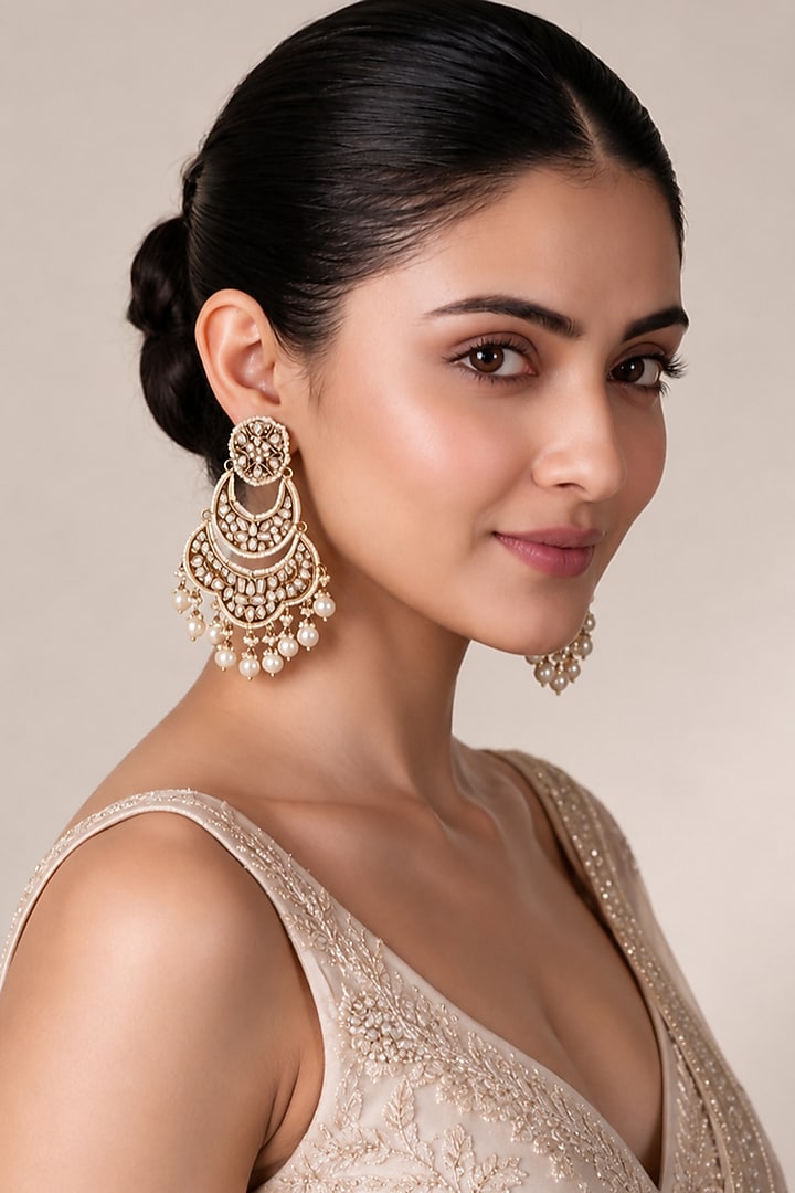 Gold Plated Kundan Polki Chandbali Earrings by Vivinia By Vidhi Mehra at Pernia's Pop Up Shop