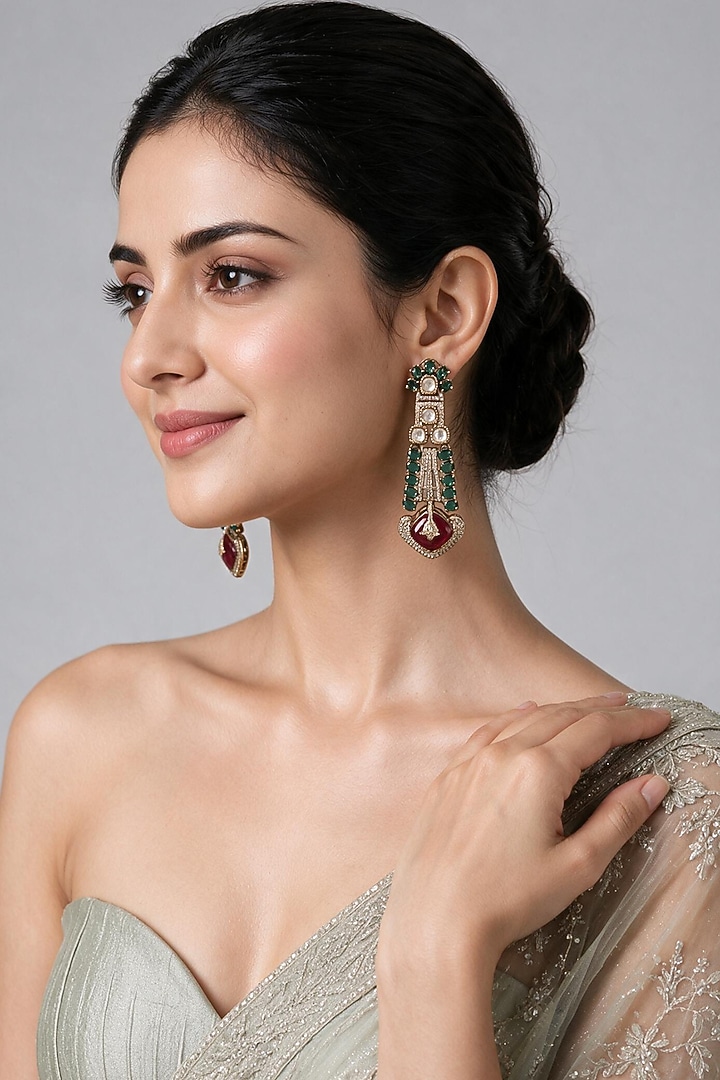 Gold Plated Ruby & Emerald Stone Statement Earrings by Vivinia By Vidhi Mehra at Pernia's Pop Up Shop