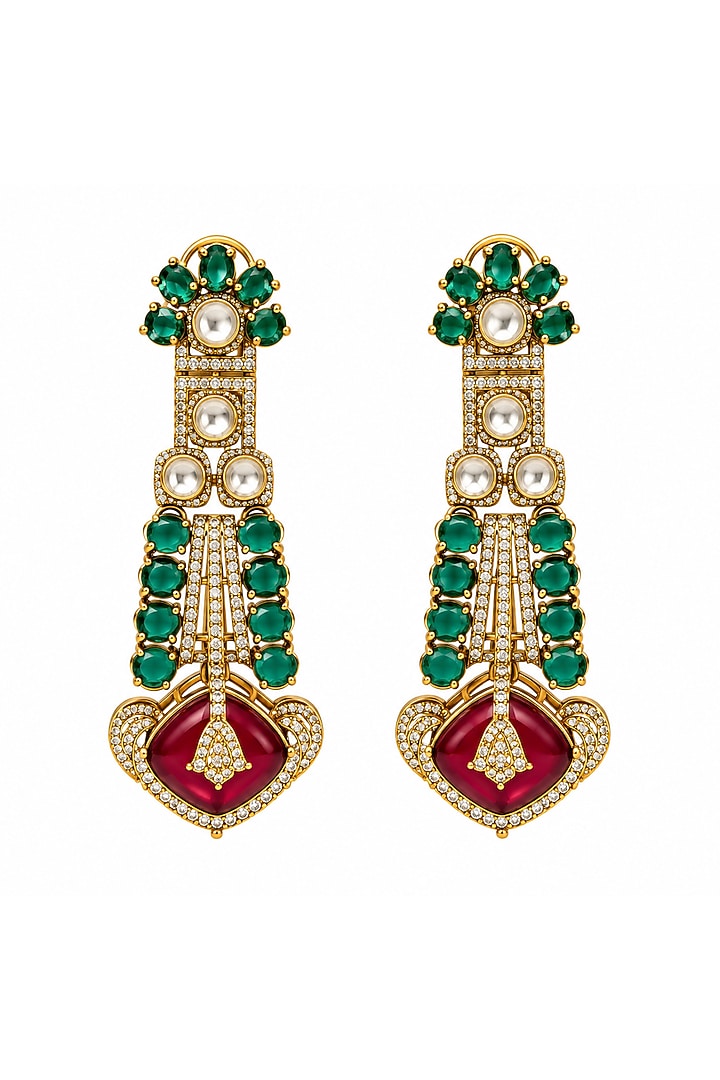 Gold Plated Ruby & Emerald Stone Statement Earrings by Vivinia By Vidhi Mehra at Pernia's Pop Up Shop
