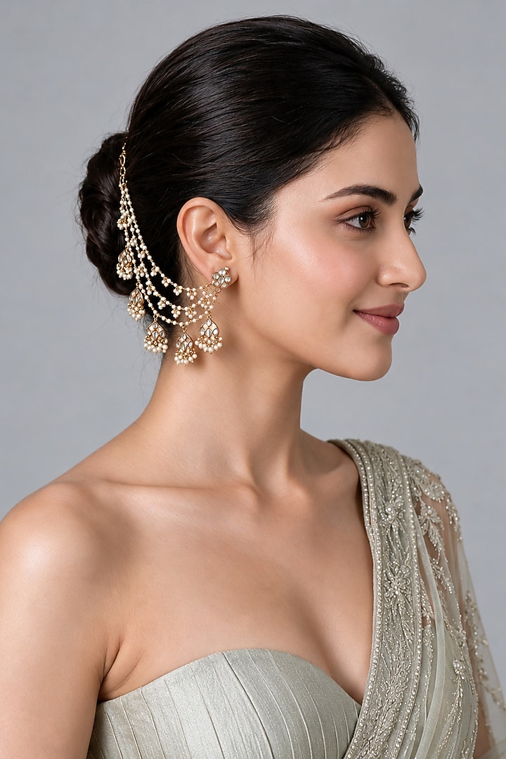 Gold Plated Kundan Polki & Pearl Layered Earchains (Set Of 2) by Vivinia By Vidhi Mehra at Pernia's Pop Up Shop
