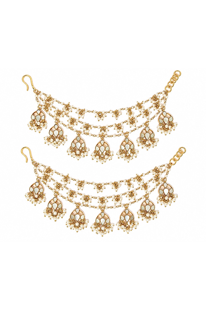 Gold Plated Kundan Polki & Pearl Layered Earchains (Set Of 2) by Vivinia By Vidhi Mehra at Pernia's Pop Up Shop