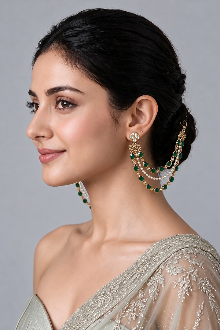 Gold Plated Emerald Stone Layered Earchains (Set Of 2) by Vivinia By Vidhi Mehra at Pernia's Pop Up Shop
