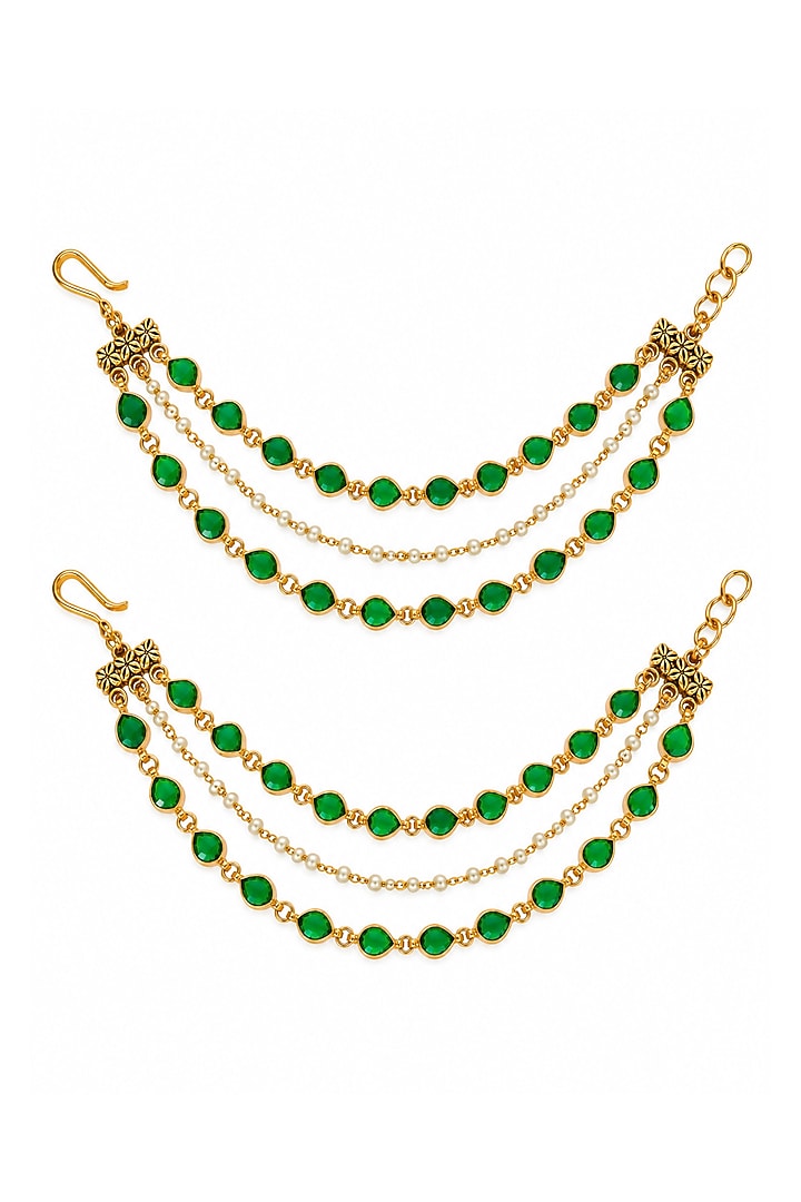 Gold Plated Emerald Stone Layered Earchains (Set Of 2) by Vivinia By Vidhi Mehra at Pernia's Pop Up Shop