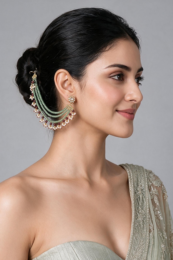Gold Plated Sage Green Beaded Layered Earchains (Set Of 2) by Vivinia By Vidhi Mehra at Pernia's Pop Up Shop