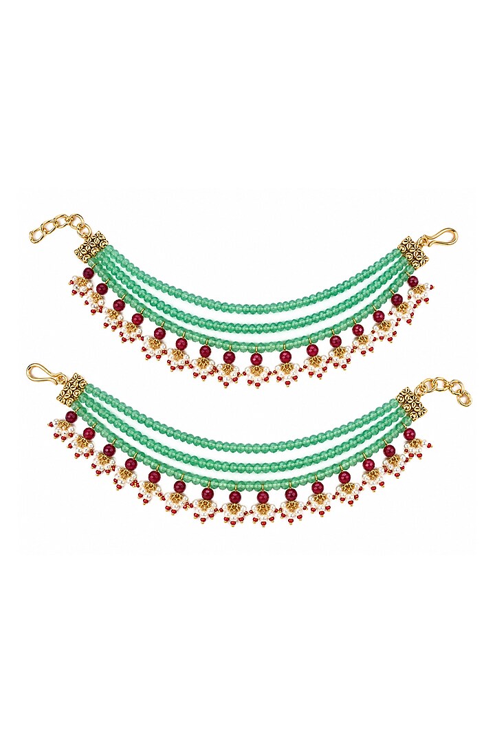 Gold Plated Sage Green Beaded Layered Earchains (Set Of 2) by Vivinia By Vidhi Mehra at Pernia's Pop Up Shop