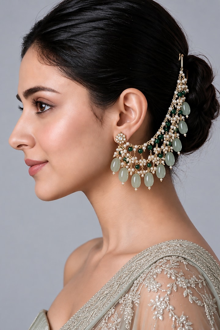 Gold Plated Sage Green Beaded Layered Earchains (Set Of 2) by Vivinia By Vidhi Mehra at Pernia's Pop Up Shop