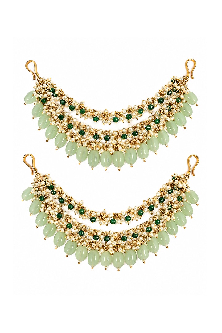 Gold Plated Sage Green Beaded Layered Earchains (Set Of 2) by Vivinia By Vidhi Mehra at Pernia's Pop Up Shop