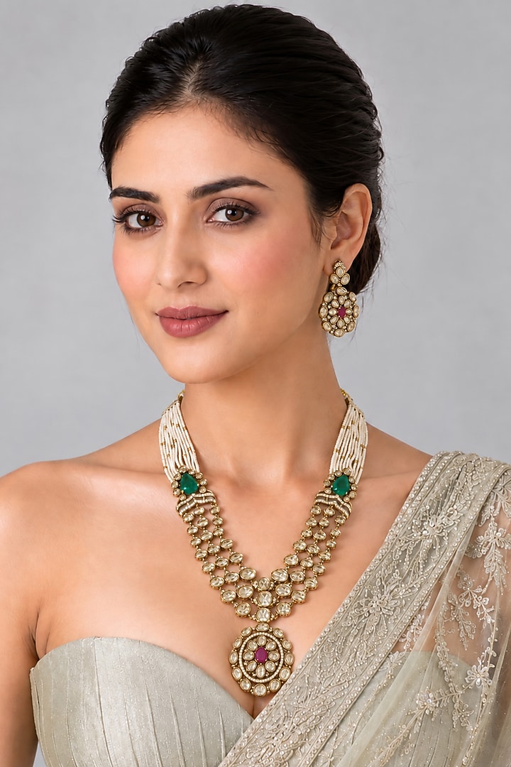 Gold Plated Kundan Polki & Pearl Long Necklace Set by Vivinia By Vidhi Mehra at Pernia's Pop Up Shop