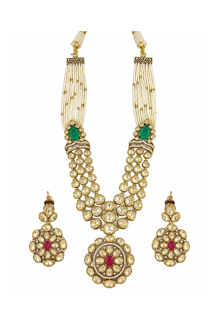 Gold Plated Kundan Polki & Pearl Long Necklace Set by Vivinia By Vidhi Mehra at Pernia's Pop Up Shop