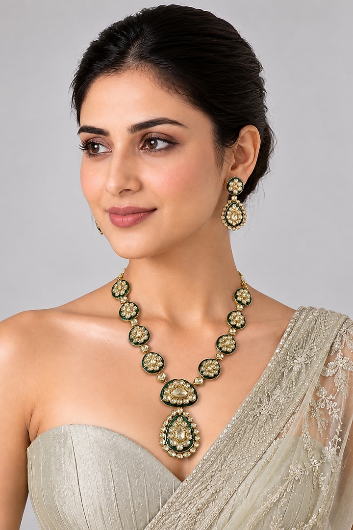 Gold Plated Kundan Polki & Emerald Stone Long Necklace Set by Vivinia By Vidhi Mehra at Pernia's Pop Up Shop