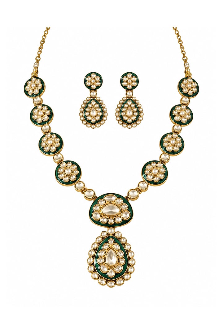 Gold Plated Kundan Polki & Emerald Stone Long Necklace Set by Vivinia By Vidhi Mehra at Pernia's Pop Up Shop