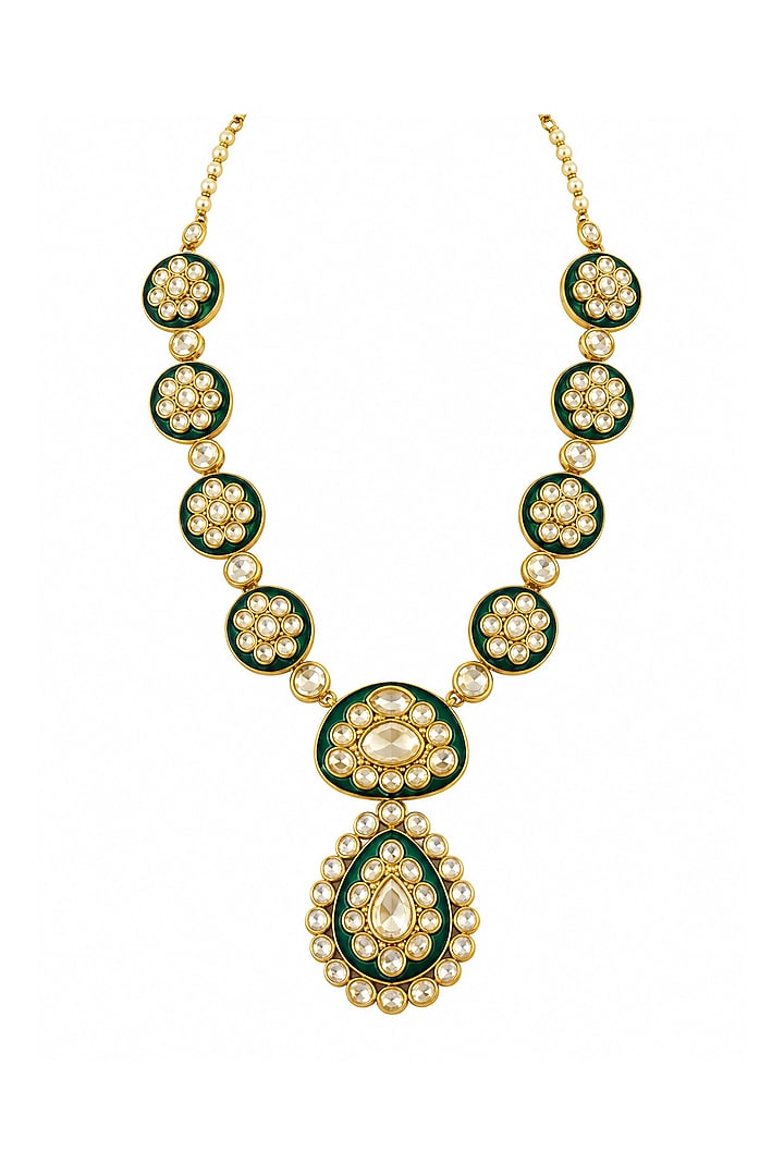 Gold Plated Kundan Polki & Emerald Stone Long Necklace Set by Vivinia By Vidhi Mehra at Pernia's Pop Up Shop