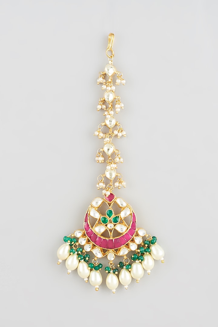 Gold Finish Ruby Stone & Pearl Drop Maangtikka by Vivinia By Vidhi Mehra at Pernia's Pop Up Shop