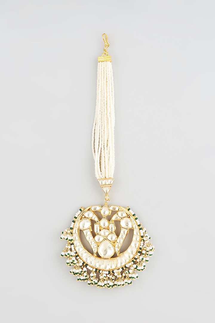 Gold Finish Kundan Polki & Pearl Maangtikka by Vivinia By Vidhi Mehra at Pernia's Pop Up Shop