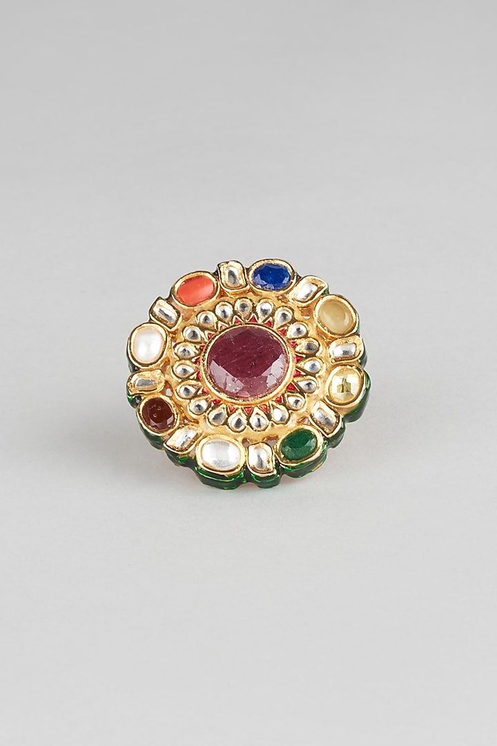Gold Finish Kundan Polki & Navratna Stone Ring by Vivinia By Vidhi Mehra at Pernia's Pop Up Shop