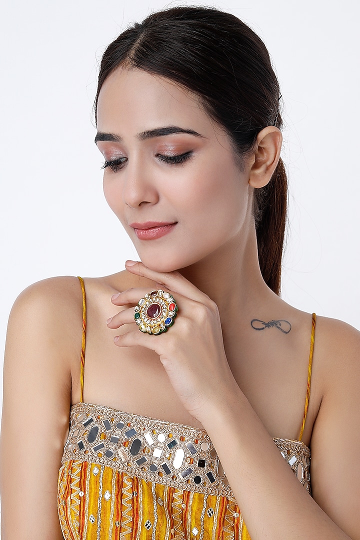 Gold Finish Kundan Polki & Navratna Stone Ring by Vivinia By Vidhi Mehra at Pernia's Pop Up Shop
