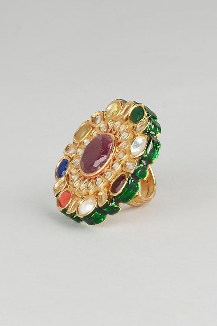Gold Finish Kundan Polki & Navratna Stone Ring by Vivinia By Vidhi Mehra at Pernia's Pop Up Shop