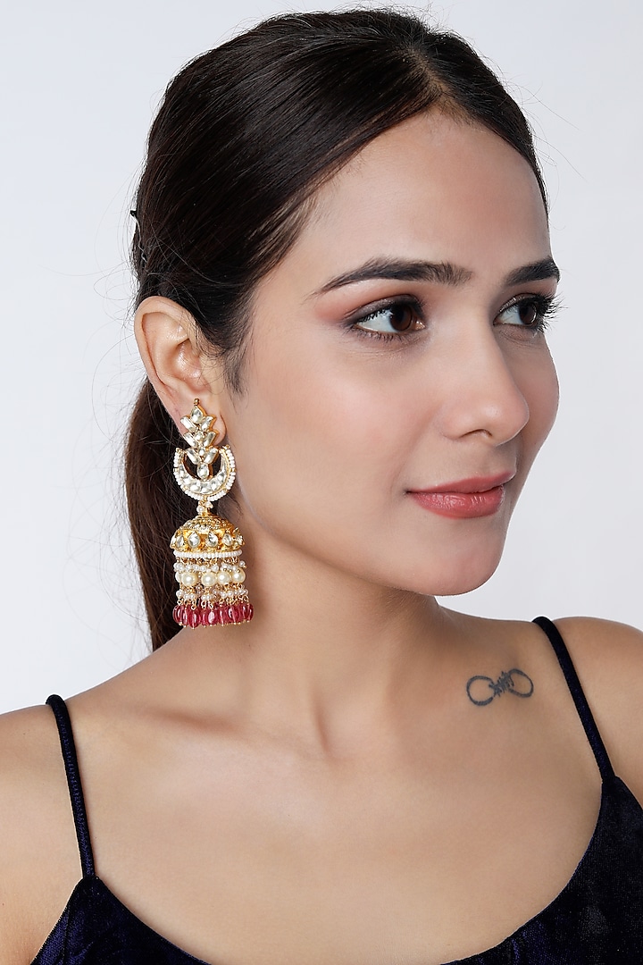 Gold Finish Kundan Polki & Pink Drops Jhumka Earrings by Vivinia By Vidhi Mehra