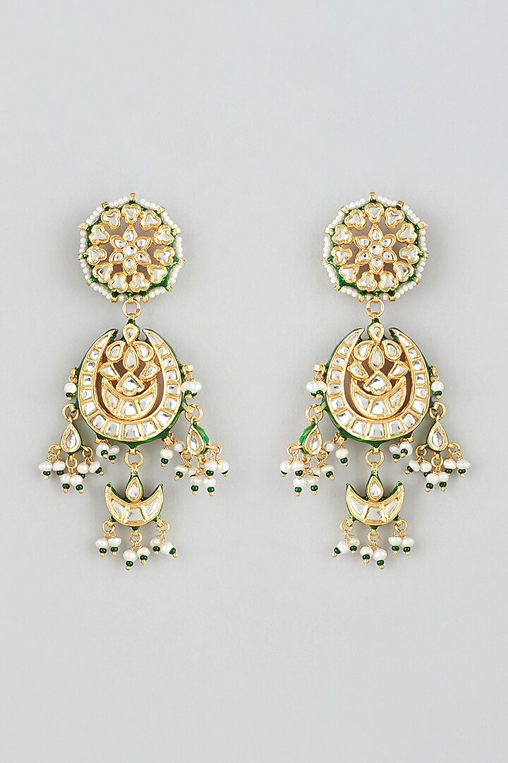 Gold Finish Kundan Polki Green Enameled Dangler Earrings by Vivinia By Vidhi Mehra at Pernia's Pop Up Shop