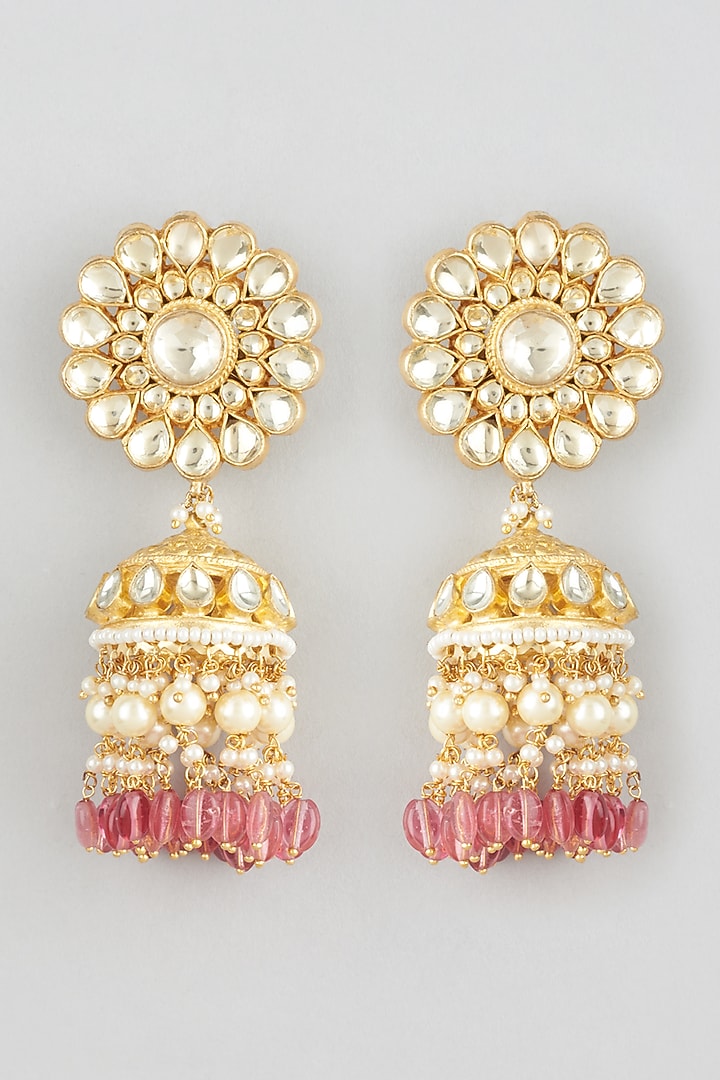 Gold Finish Kundan Polki & Pink Drop Jhumka Earrings by Vivinia By Vidhi Mehra at Pernia's Pop Up Shop