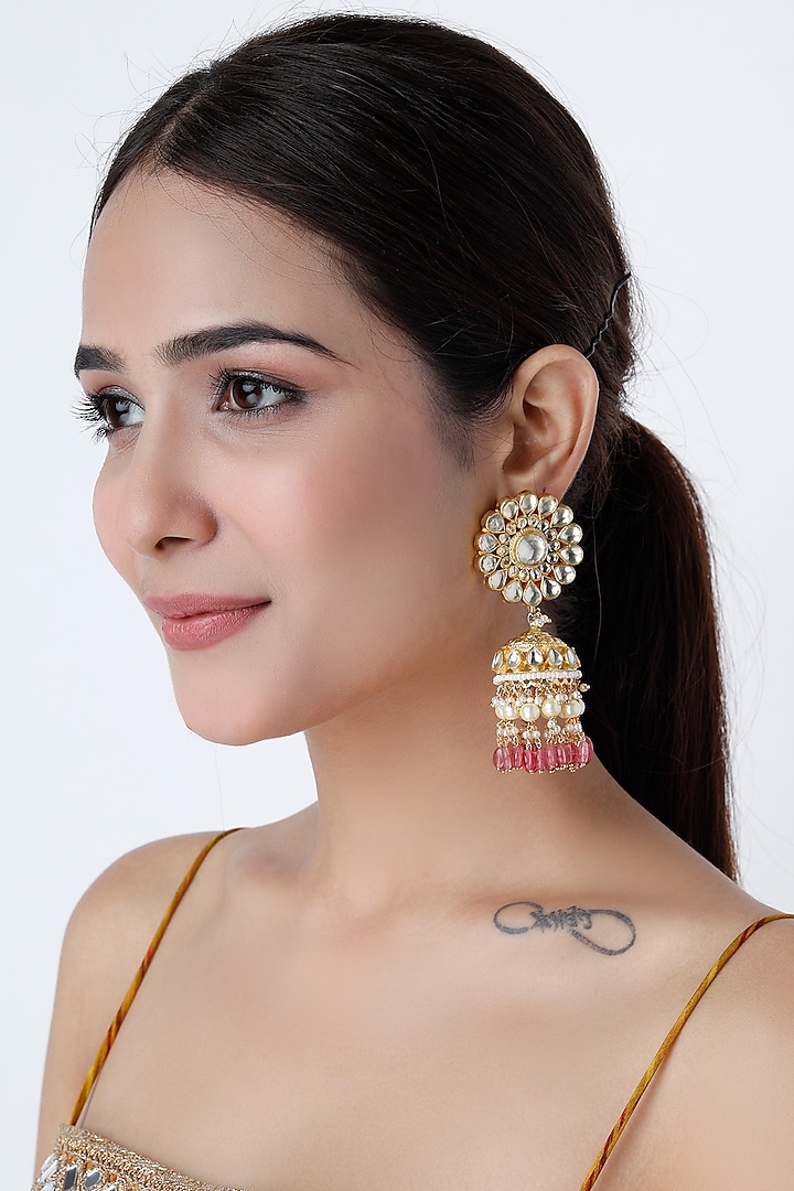Gold Finish Kundan Polki & Pink Drop Jhumka Earrings by Vivinia By Vidhi Mehra