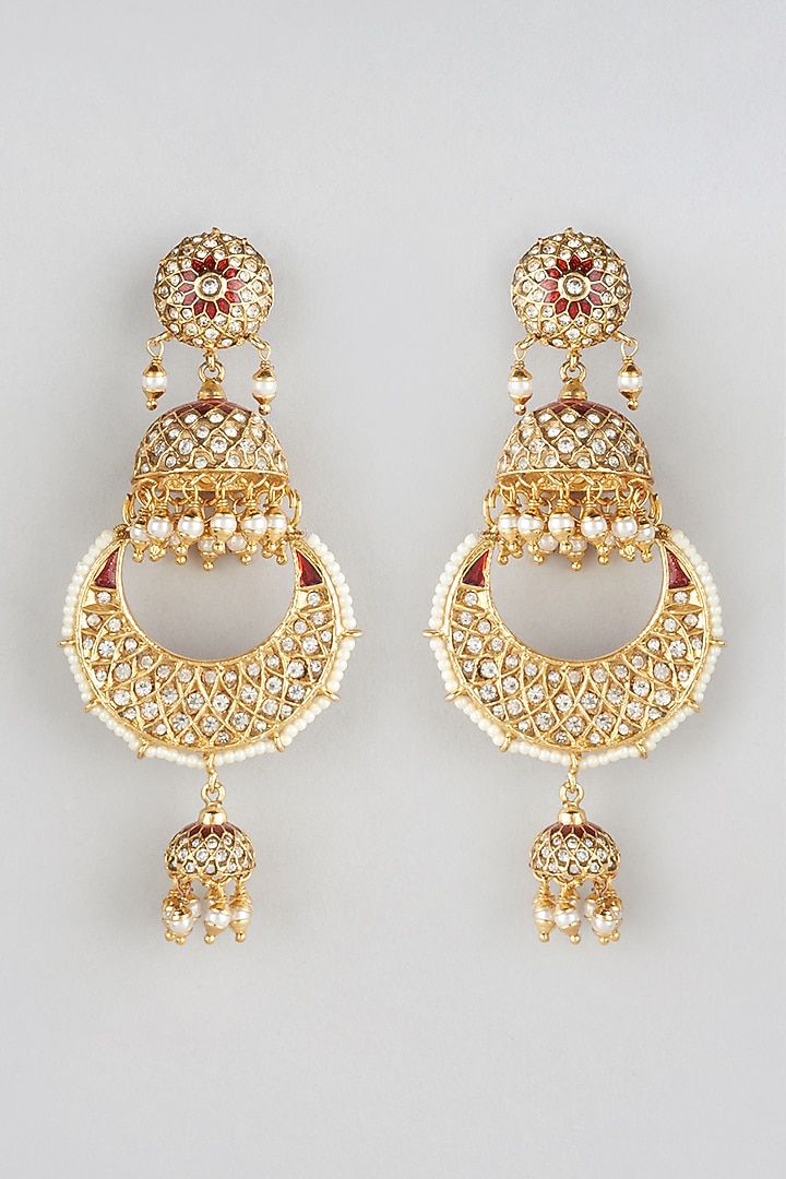 Gold Finish Zircon Chandbali Earrings by Vivinia By Vidhi Mehra at Pernia's Pop Up Shop
