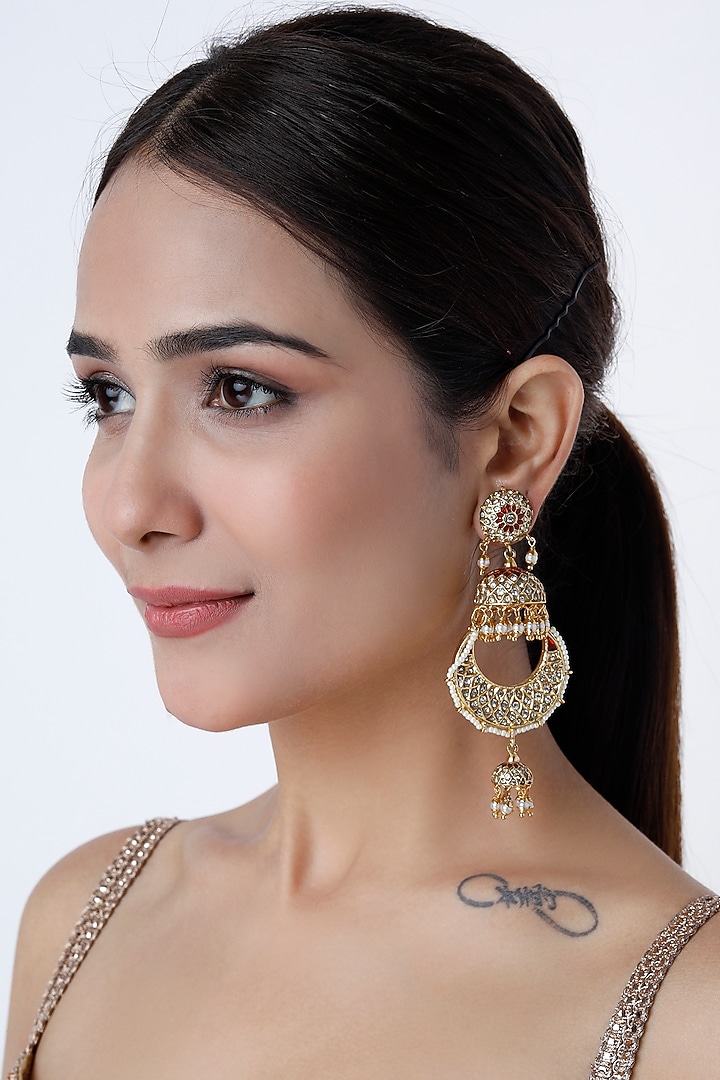 Gold Finish Zircon Chandbali Earrings by Vivinia By Vidhi Mehra at Pernia's Pop Up Shop