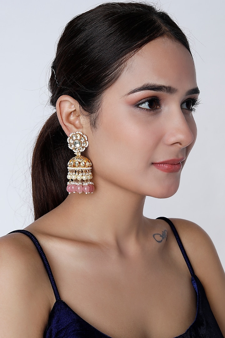 Gold Finish Baby Pink Drop Jhumka Earrings by Vivinia By Vidhi Mehra