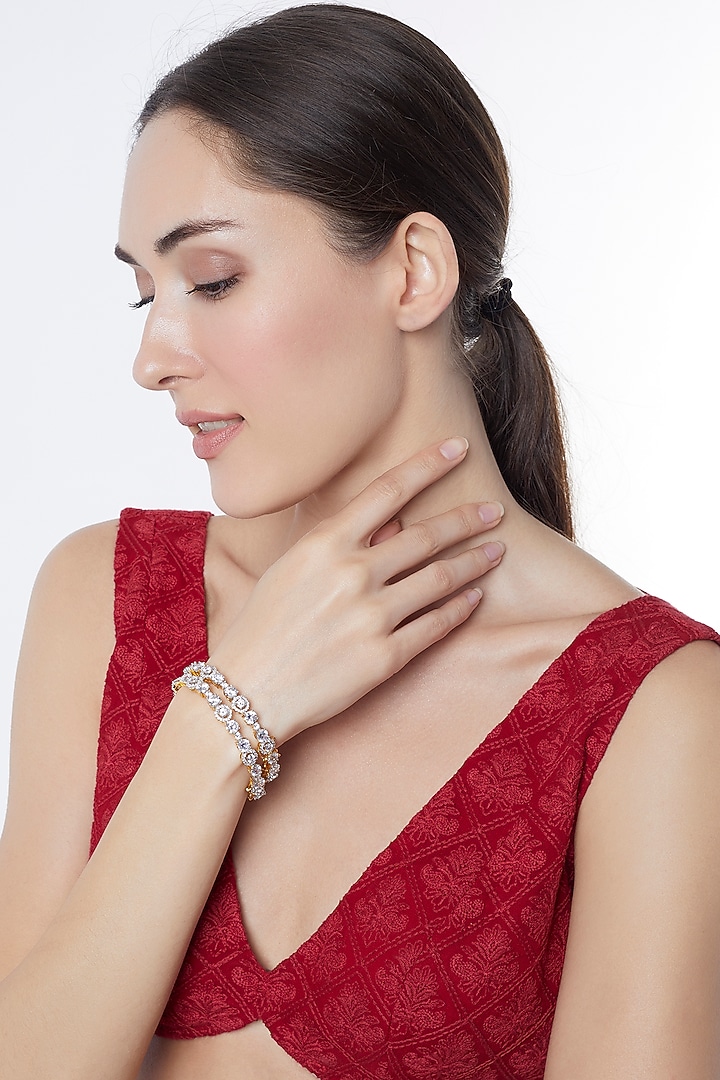Two Tone Finish Swarovski & Zircon Bangles (Set of 2) by Vivinia By Vidhi Mehra at Pernia's Pop Up Shop