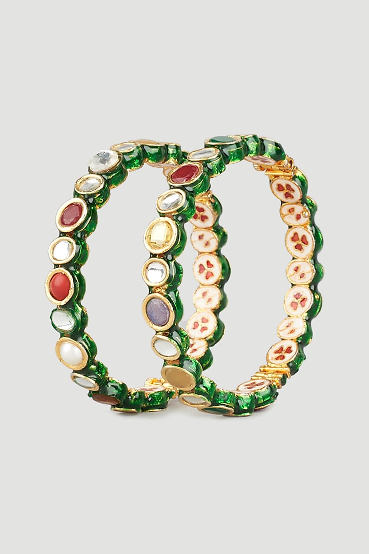 Gold Finish Navratna Stone & Kundan Polki Bangles (Set of 2) by Vivinia By Vidhi Mehra at Pernia's Pop Up Shop