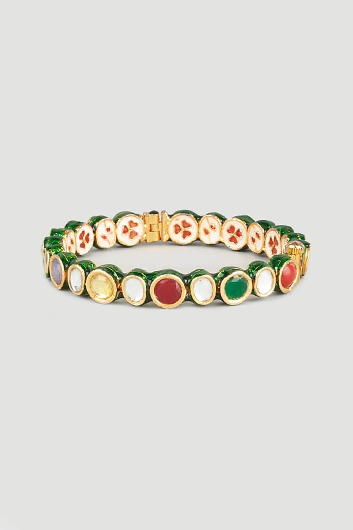 Gold Finish Navratna Stone & Kundan Polki Bangles (Set of 2) by Vivinia By Vidhi Mehra at Pernia's Pop Up Shop