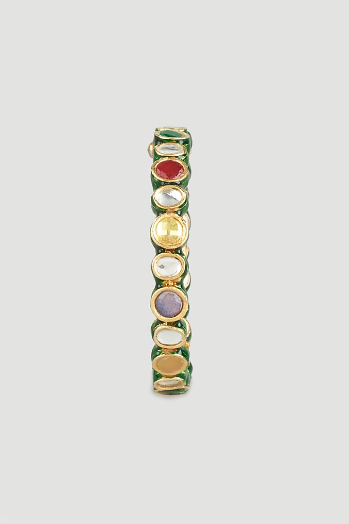Gold Finish Navratna Stone & Kundan Polki Bangles (Set of 2) by Vivinia By Vidhi Mehra at Pernia's Pop Up Shop
