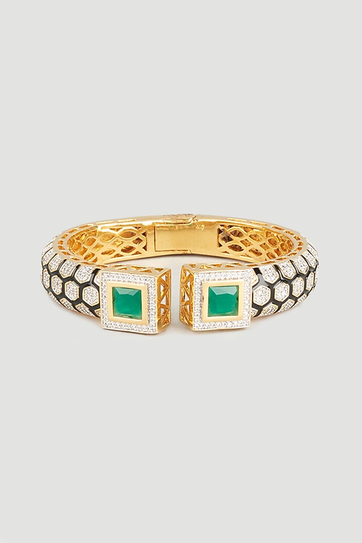 Gold Finish Zircon & Green Onyx Enemaled Kada by Vivinia By Vidhi Mehra at Pernia's Pop Up Shop