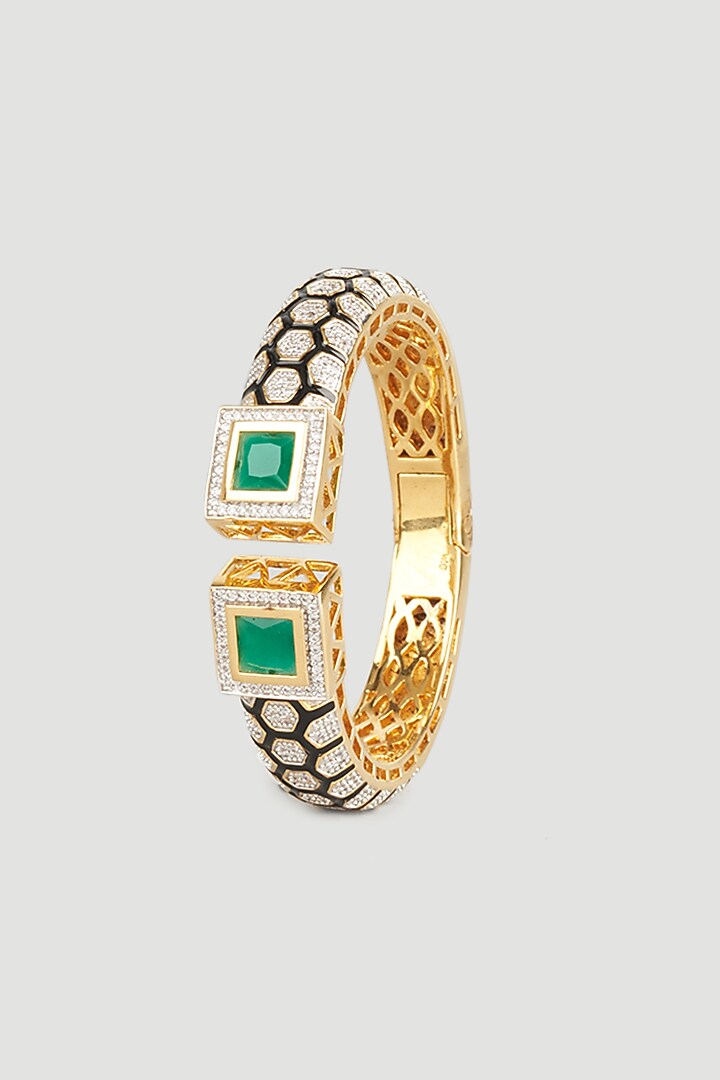 Gold Finish Zircon & Green Onyx Enemaled Kada by Vivinia By Vidhi Mehra at Pernia's Pop Up Shop