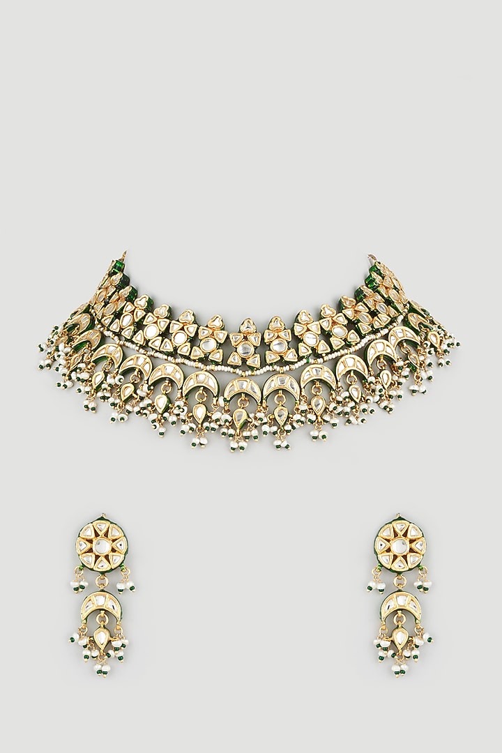Gold Finish Kundan Polki Green Enameled Choker Necklace Set by Vivinia By Vidhi Mehra at Pernia's Pop Up Shop