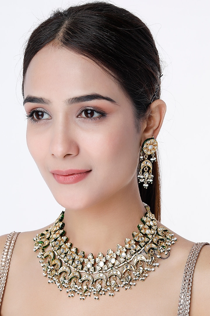 Gold Finish Kundan Polki Green Enameled Choker Necklace Set by Vivinia By Vidhi Mehra at Pernia's Pop Up Shop
