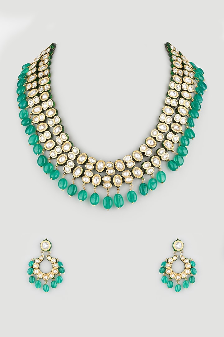 Gold Finish Kundan Polki & Green Onyx Long Necklace Set by Vivinia By Vidhi Mehra at Pernia's Pop Up Shop