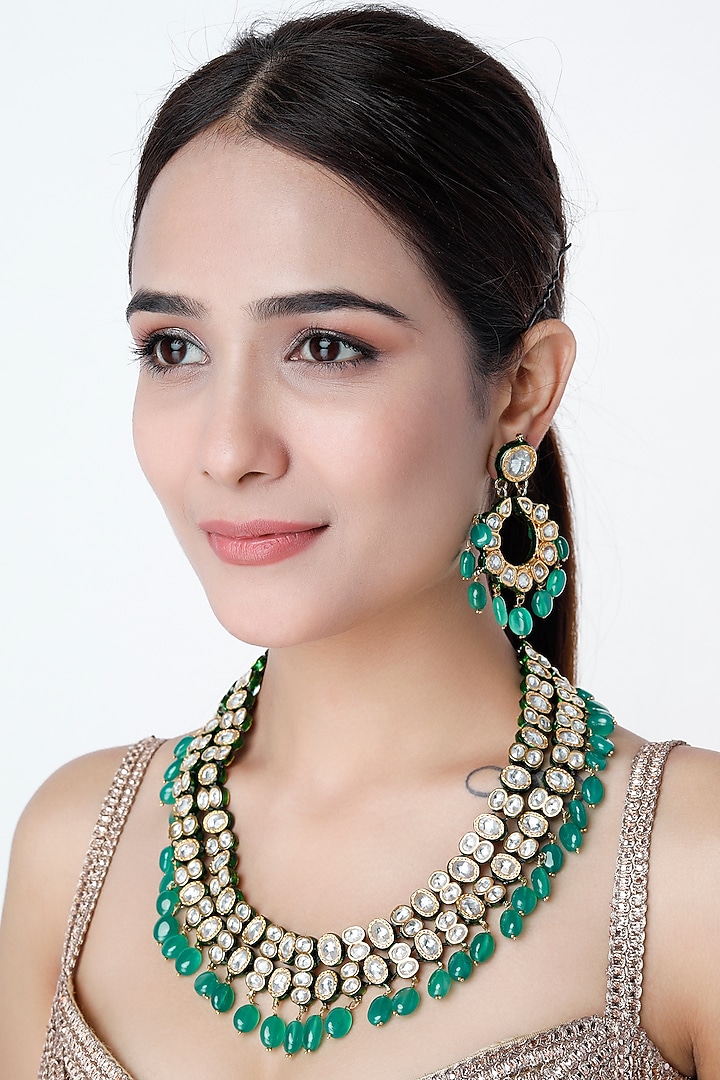 Gold Finish Kundan Polki & Green Onyx Long Necklace Set by Vivinia By Vidhi Mehra at Pernia's Pop Up Shop