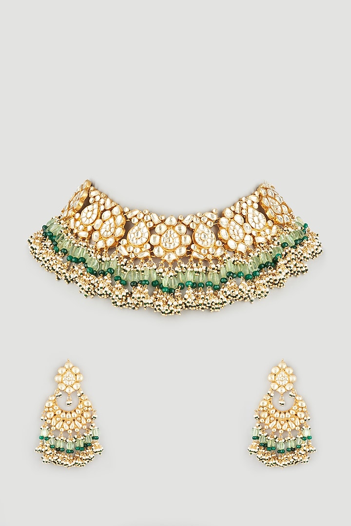 Gold Finish Kundan Polki Necklace Set In Mixed Metal by VIVINIA  Designer Jewellery