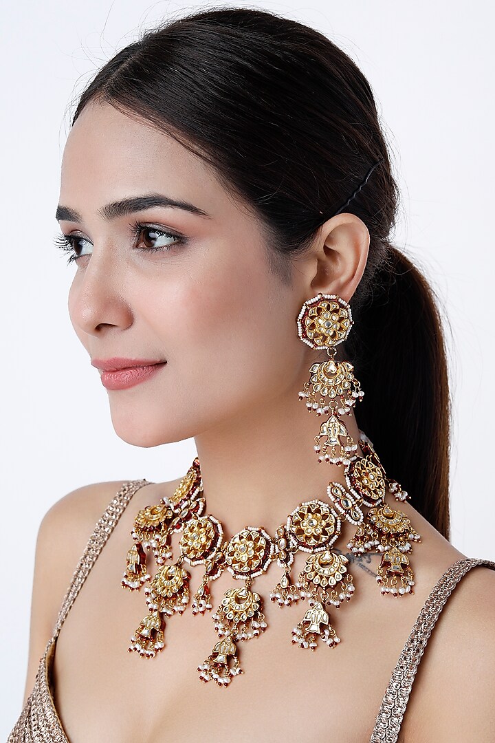 Gold Finish Kundan Necklace Set by Vivinia By Vidhi Mehra