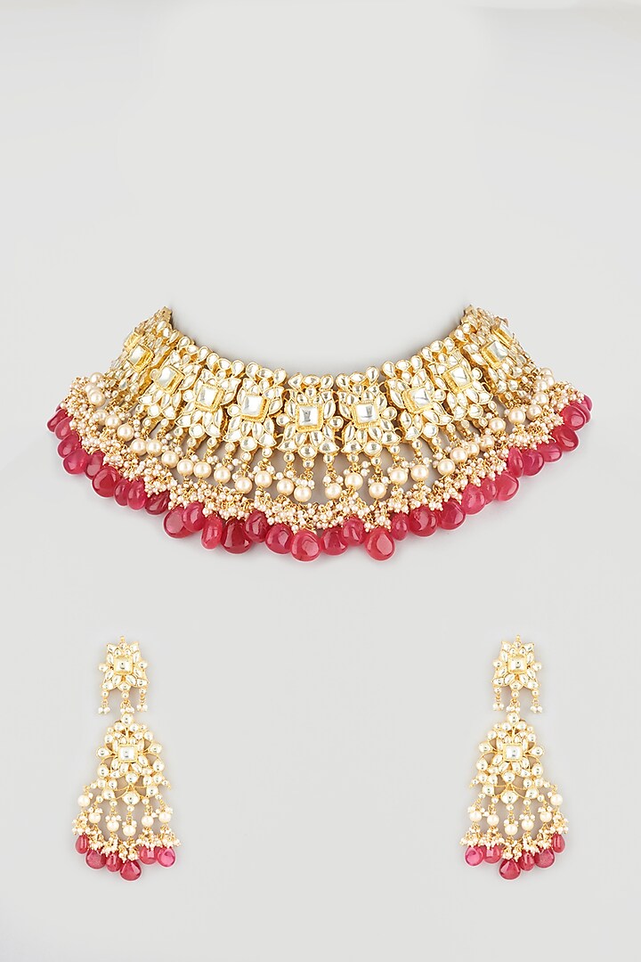 Gold Finish Kundan Polki & Red Onyx Necklace Set by VIVINIA  Designer Jewellery