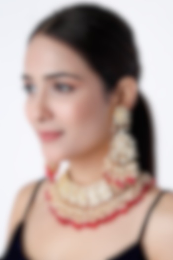Gold Finish Kundan Polki & Red Onyx Drop Necklace Set by Vivinia By Vidhi Mehra at Pernia's Pop Up Shop