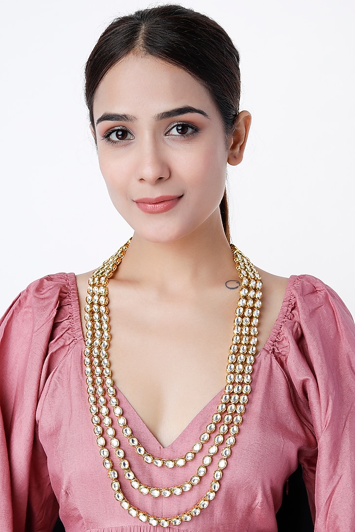 Gold Finish Kundan Polki Layered Necklace by Vivinia By Vidhi Mehra at Pernia's Pop Up Shop