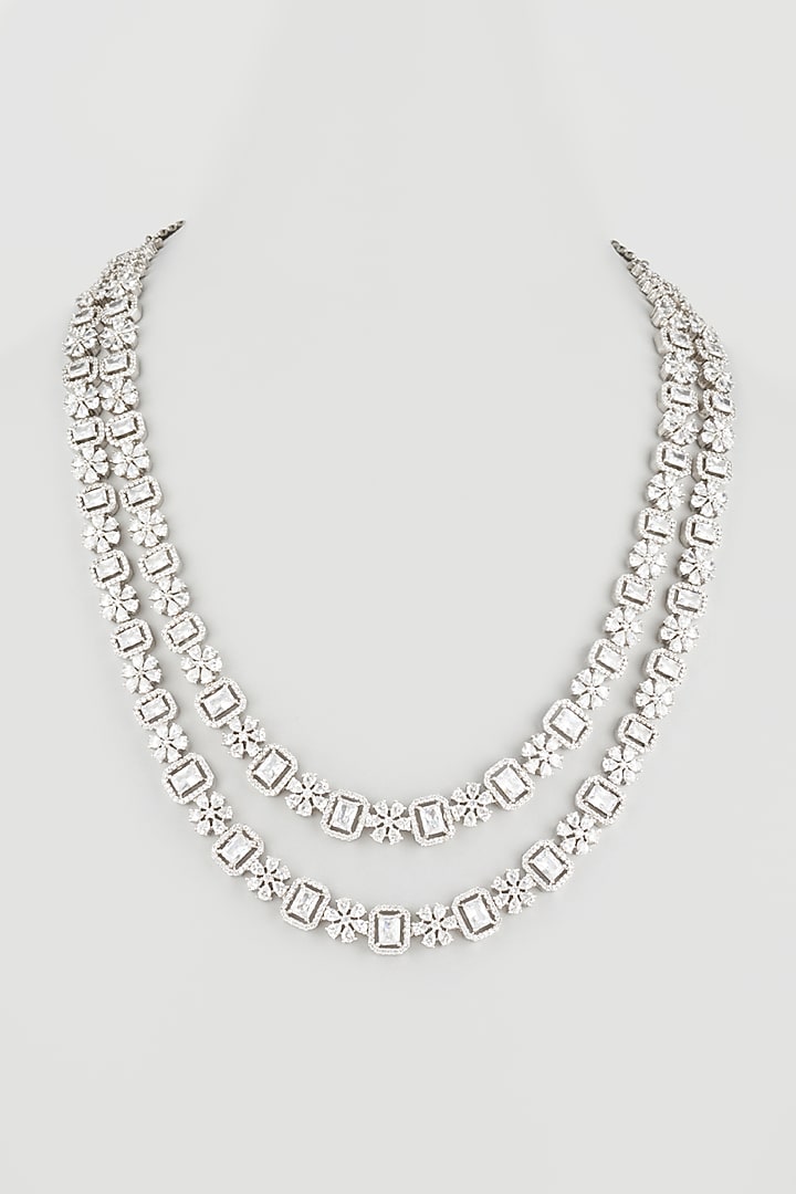 White Finish Zircon Long Layered Necklace by Vivinia By Vidhi Mehra at Pernia's Pop Up Shop